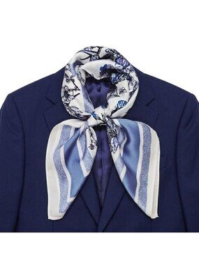 ✨Women's White & Blue Floral Silky Satin Square Scarf Butterfly Print Foulard